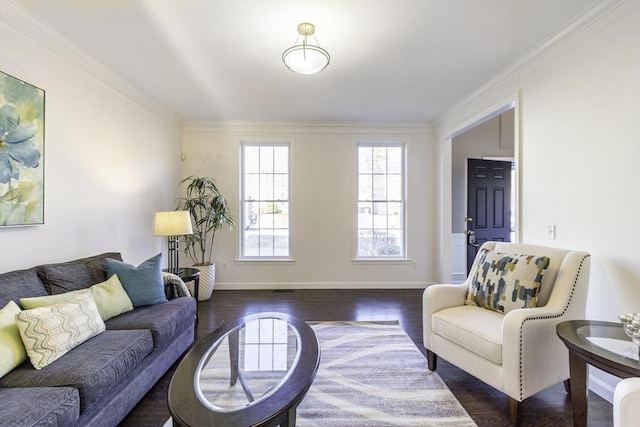 living room with crown molding, dark wood-type flooring, and baseboards