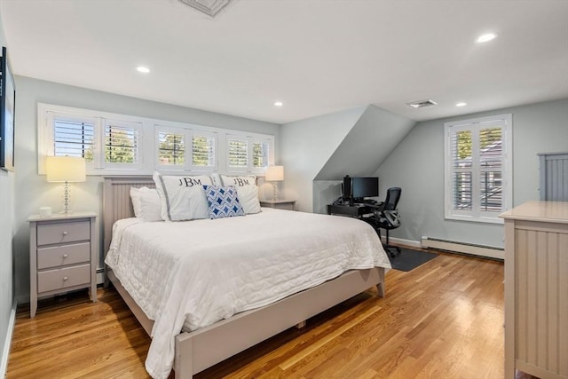 bedroom featuring a baseboard radiator, recessed lighting, visible vents, and light wood-type flooring