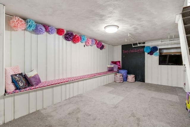 mudroom with a textured ceiling and carpet
