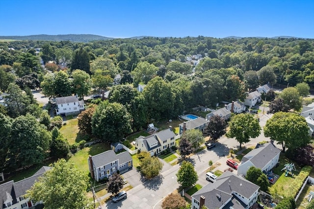 drone / aerial view featuring a view of trees and a residential view