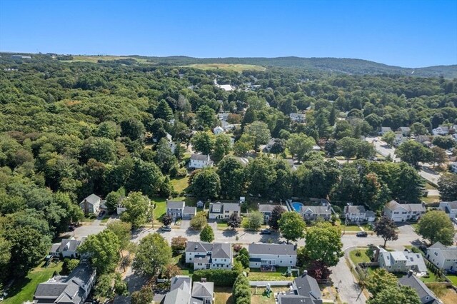 birds eye view of property with a view of trees and a residential view