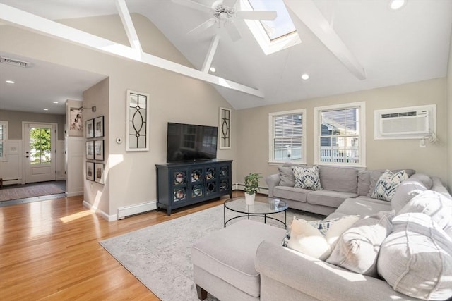 living area with recessed lighting, visible vents, a baseboard heating unit, light wood-style floors, and a skylight