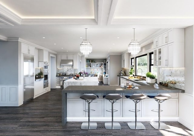 kitchen featuring under cabinet range hood, a peninsula, a kitchen breakfast bar, stainless steel appliances, and a sink