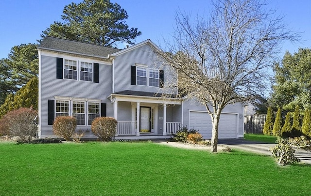 view of front of home featuring a porch, a garage, and a front lawn