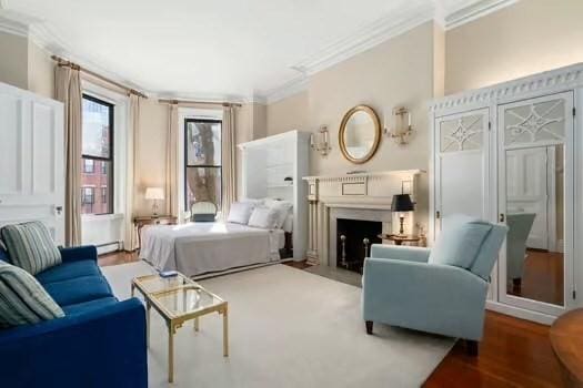 living area featuring a baseboard radiator, a fireplace with flush hearth, ornamental molding, and wood finished floors