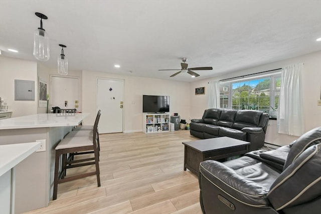 56 Coffey Unit 7, Boston, MA 02122 - living room featuring light wood-type flooring, ceiling fan, recessed lighting, and a baseboard radiator