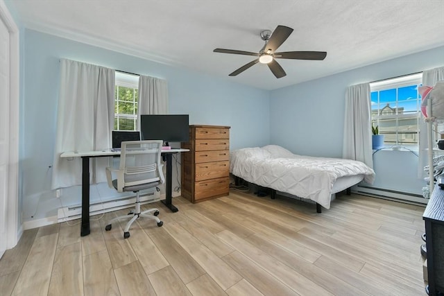 56 Coffey Unit 7, Boston, MA 02122 - bedroom with a baseboard heating unit, light wood-style floors, a ceiling fan, and an office area