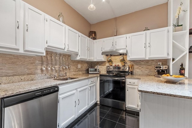 54 Forest St Unit 411, Medford, MA 02155 - kitchen with stainless steel appliances, a sink, under cabinet range hood, and white cabinets