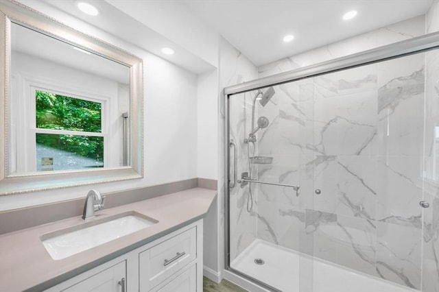 24 Skyridge Dr, Somers, CT 06071 - bathroom featuring a marble finish shower, vanity, and recessed lighting