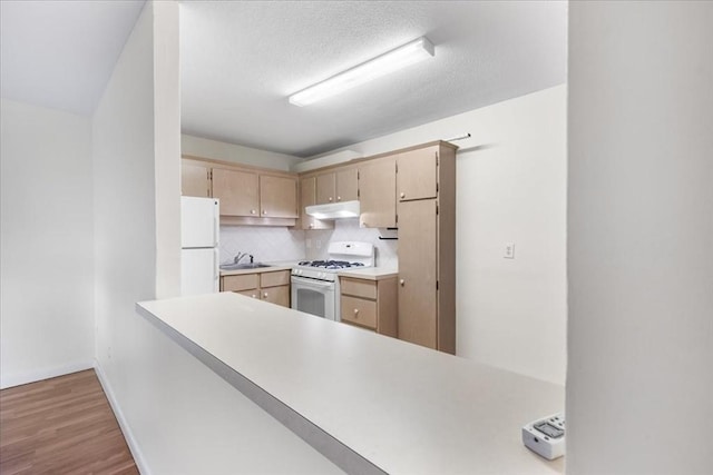 4925 Washington St Unit 304, Boston, MA 02132 - kitchen with white appliances, under cabinet range hood, light countertops, wood finished floors, and light brown cabinetry