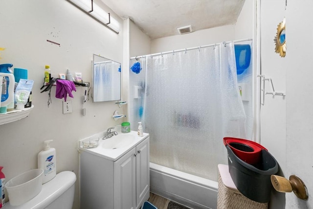 full bathroom with vanity, toilet, shower / bathtub combination with curtain, and wood-type flooring