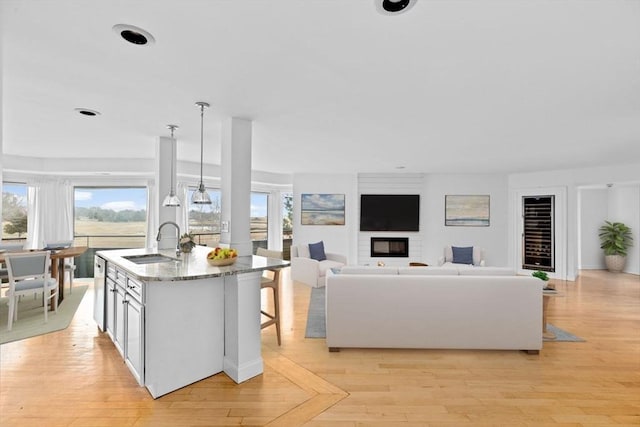 living room with light hardwood / wood-style flooring and sink