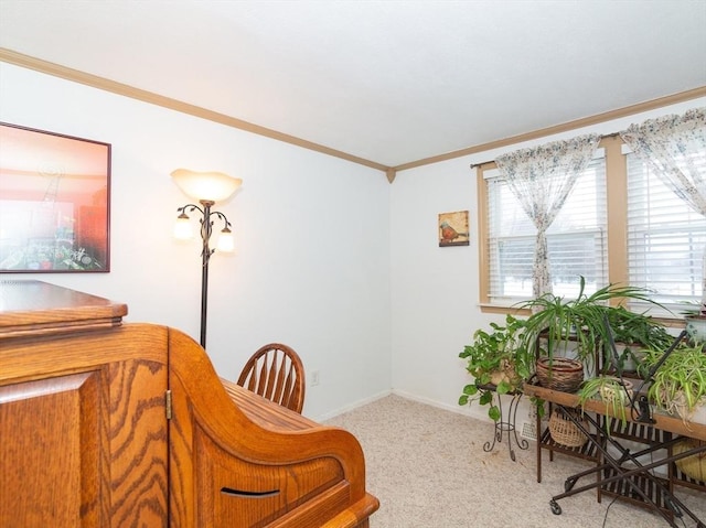 sitting room with crown molding and light carpet