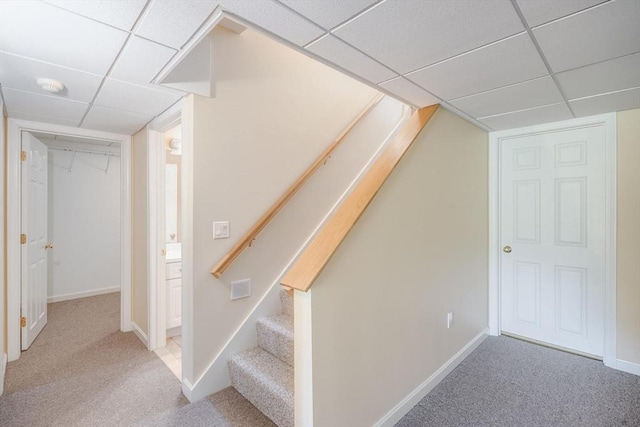 stairs featuring baseboards, carpet, and a paneled ceiling
