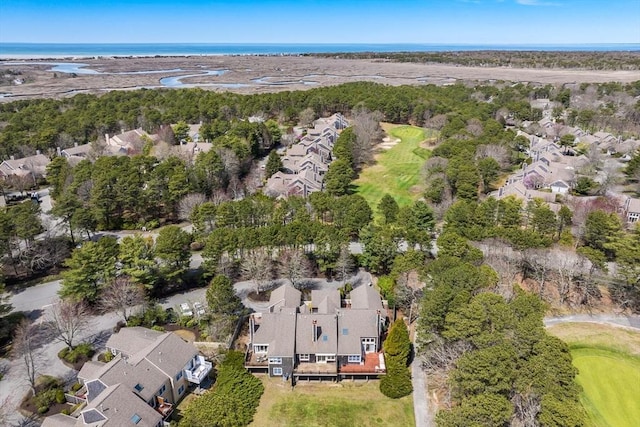 birds eye view of property with a water view, golf course view, and a residential view