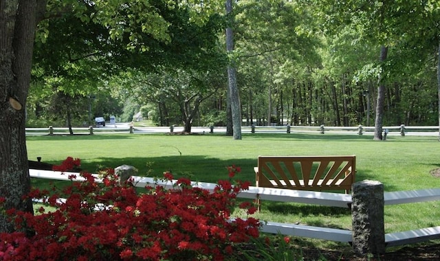 view of home's community featuring fence and a yard