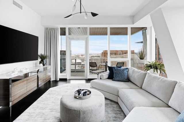 living room with dark wood-type flooring