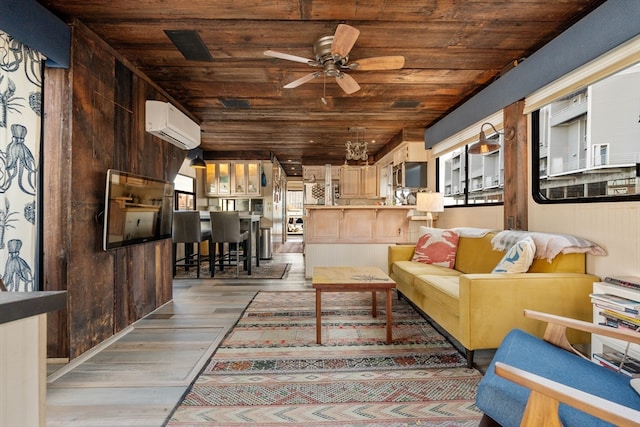 unfurnished living room featuring a wall unit AC, wood ceiling, hardwood / wood-style flooring, and wooden walls