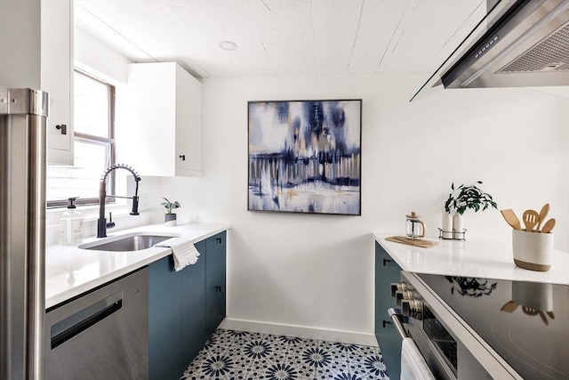 kitchen featuring white cabinetry, stainless steel appliances, blue cabinets, sink, and exhaust hood