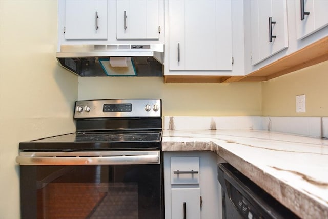 1186 Worcester Rd Unit 1221, Framingham, MA 01702 - kitchen featuring stainless steel electric stove, under cabinet range hood, white cabinetry, light stone countertops, and dishwasher