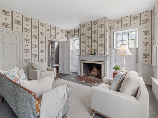 living room featuring dark wood-type flooring