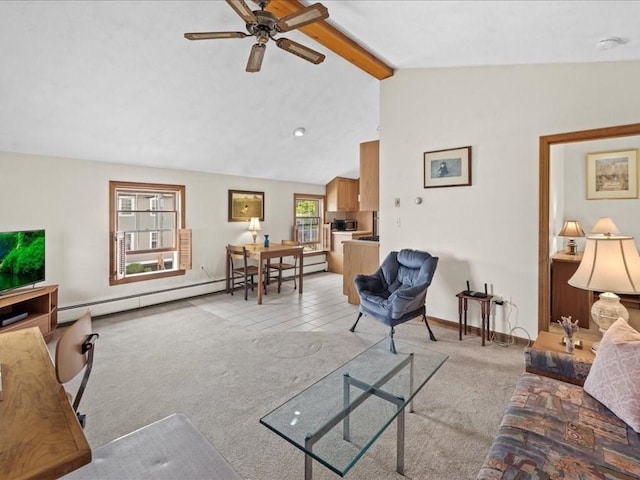 carpeted living room featuring ceiling fan, a baseboard heating unit, and vaulted ceiling with beams