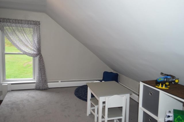 bonus room with vaulted ceiling, carpet flooring, and a baseboard radiator
