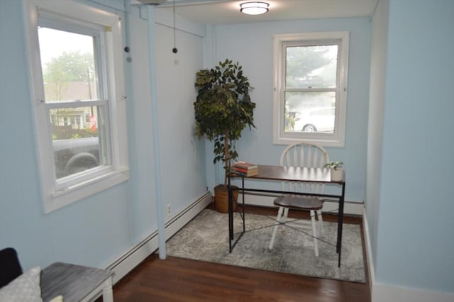home office featuring wood finished floors and a baseboard heating unit