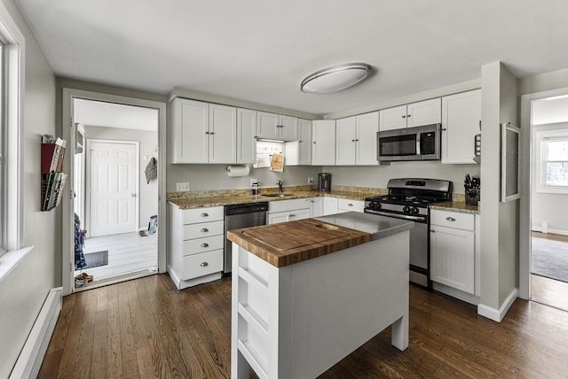 kitchen featuring dark wood finished floors, a sink, baseboards, a baseboard heating unit, and stainless steel appliances