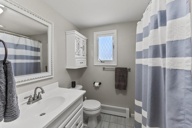bathroom featuring curtained shower, vanity, baseboards, a baseboard heating unit, and toilet