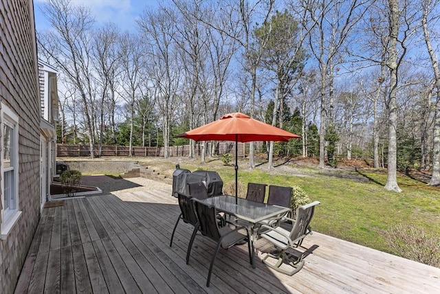 wooden deck featuring a fenced backyard, outdoor dining space, and a lawn