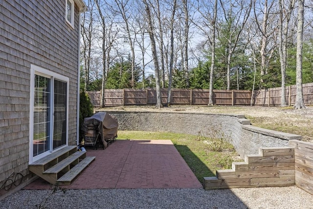 view of yard featuring a patio, a fenced backyard, and entry steps