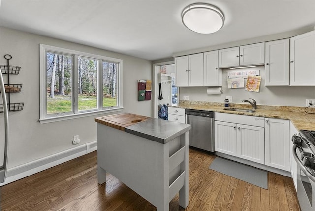 kitchen with a sink, white cabinets, dark wood-style floors, and stainless steel appliances