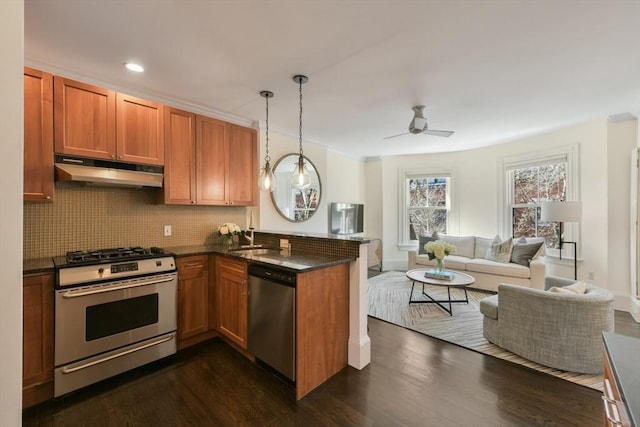 kitchen featuring a peninsula, open floor plan, under cabinet range hood, a ceiling fan, and stainless steel appliances
