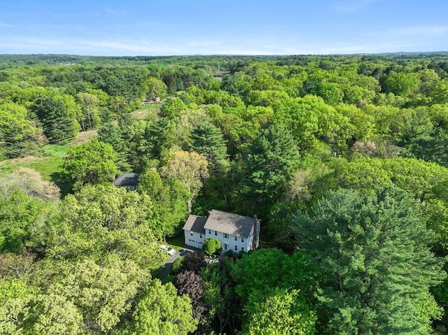 view of property location with a forest