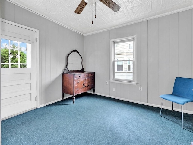 110 Reed St, Cambridge, MA 02140 - unfurnished bedroom featuring multiple windows, carpet floors, an ornate ceiling, ceiling fan, and wooden walls