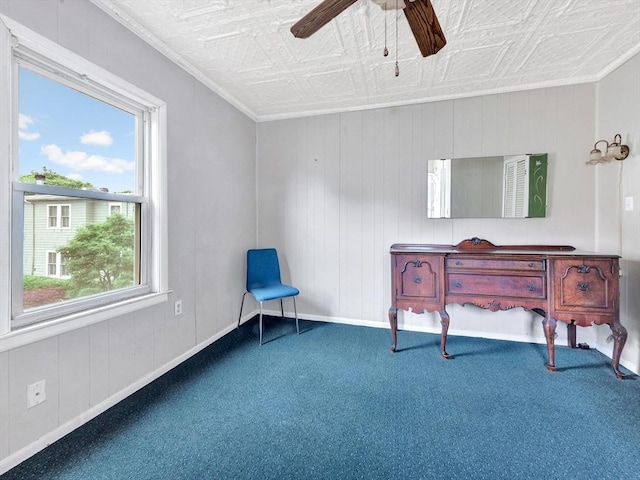 110 Reed St, Cambridge, MA 02140 - sitting room featuring an ornate ceiling, ceiling fan, carpet, and baseboards