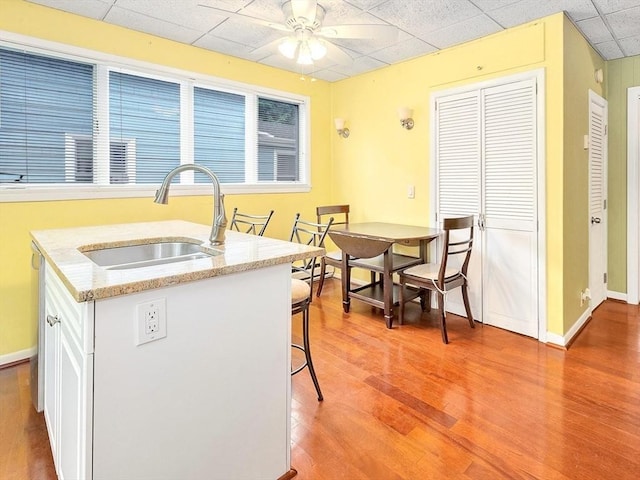 110 Reed St, Cambridge, MA 02140 - kitchen featuring a sink, a drop ceiling, wood finished floors, ceiling fan, and a breakfast bar area