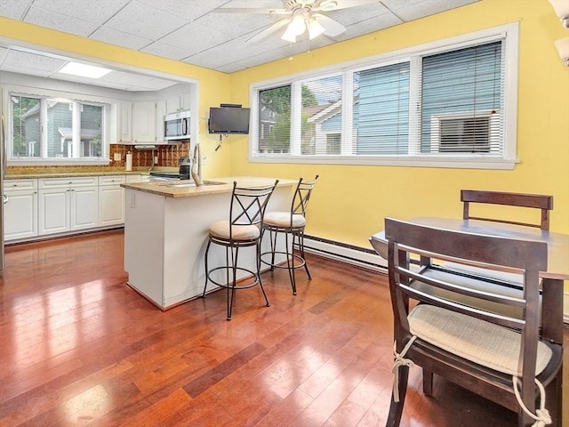 110 Reed St, Cambridge, MA 02140 - kitchen featuring appliances with stainless steel finishes, white cabinets, dark wood-style flooring, a baseboard heating unit, and a paneled ceiling