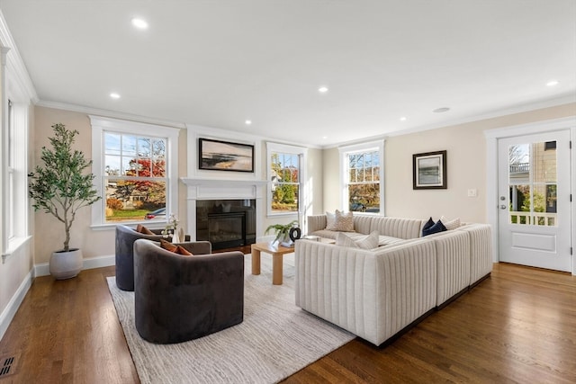 living room with dark hardwood / wood-style flooring and ornamental molding