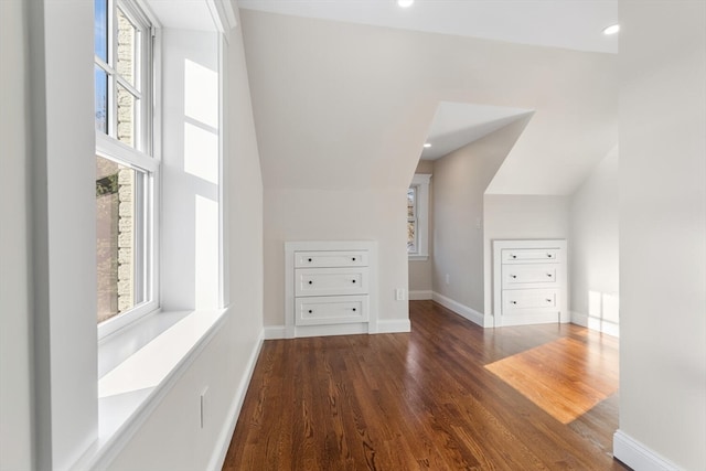 additional living space with a high ceiling, dark hardwood / wood-style floors, and a healthy amount of sunlight