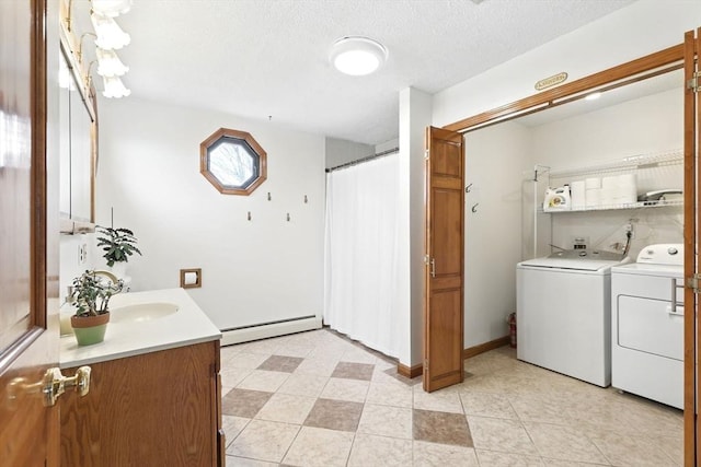 full bath with vanity, washing machine and dryer, a shower with shower curtain, and a baseboard radiator