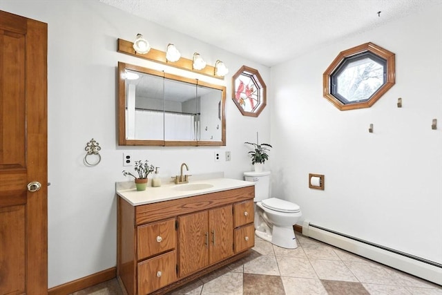 full bath with vanity, toilet, a textured ceiling, baseboards, and a baseboard radiator