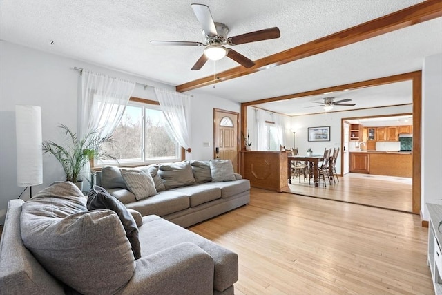 living area with ceiling fan, beamed ceiling, and light wood-style flooring