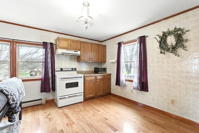 kitchen featuring white electric stove, under cabinet range hood, a baseboard heating unit, brown cabinets, and light wood-style flooring