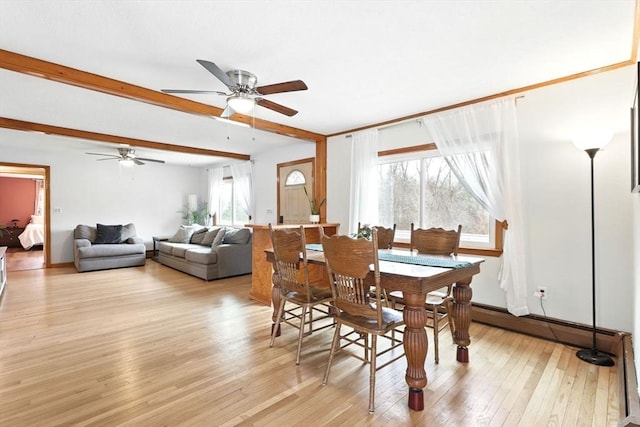 dining area with light wood-style floors, ceiling fan, and beam ceiling