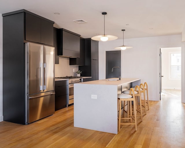 kitchen featuring sink, premium appliances, light hardwood / wood-style flooring, pendant lighting, and a kitchen island with sink