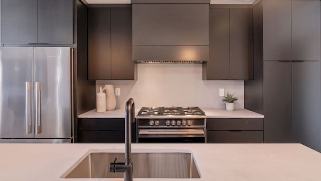 kitchen with stainless steel appliances, extractor fan, and sink