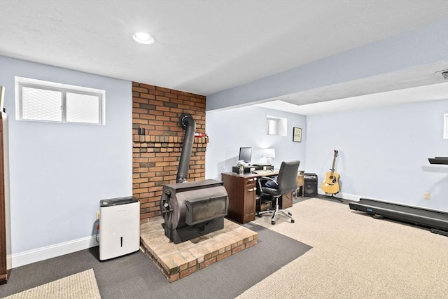 58 Spring St, Weymouth, MA 02188 - carpeted office space featuring a wood stove, baseboards, and recessed lighting