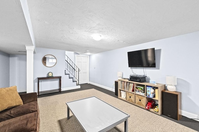 58 Spring St, Weymouth, MA 02188 - living room featuring dark carpet, baseboards, stairs, and a textured ceiling